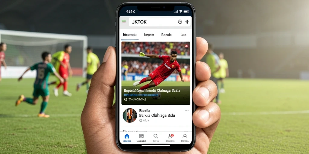 Antarmuka JKTOK menampilkan berita dan statistik olahraga bola.